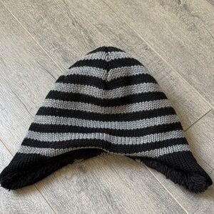 Striped Black and Gray Beanie with fleece ear covers
